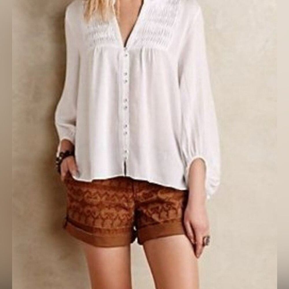 Maeve Anthropologie White Pintuck Peasant Blouse Staple Top Size Womens 6